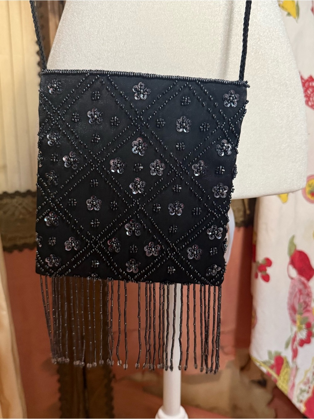 American Vintage Black Beaded Fringe Evening Clutch